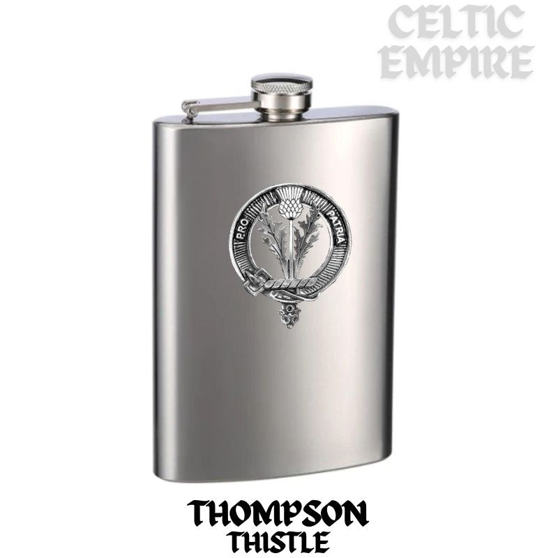 Thompson (Thistle) 8oz Family Clan Crest Scottish Badge Stainless Steel Flask