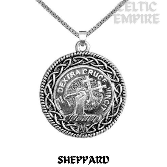 Sheppard Family Clan Crest Celtic Interlace Disk Pendant, Scottish Family Crest