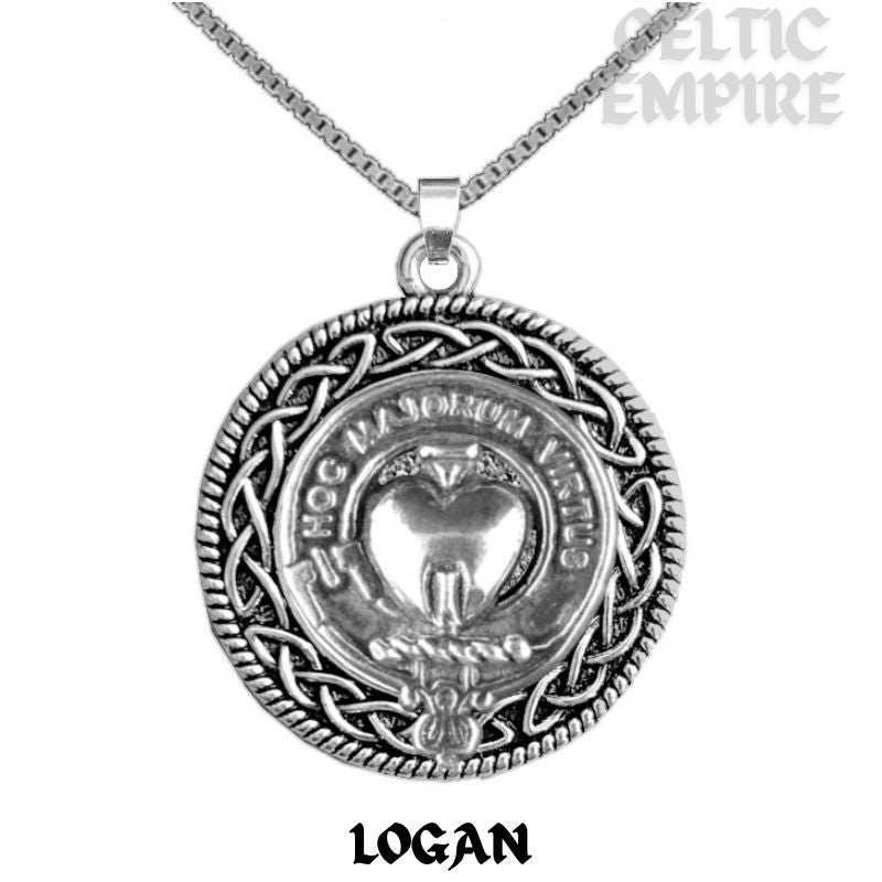 Logan Family Clan Crest Celtic Interlace Disk Pendant, Scottish Family Crest