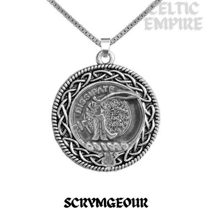 Scrymgeour Family Clan Crest Celtic Interlace Disk Pendant, Scottish Family Crest