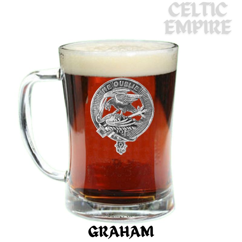 Graham Family Clan Crest Badge Beer Mug, Scottish Glass Tankard