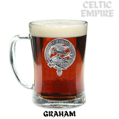 Graham Family Clan Crest Badge Beer Mug, Scottish Glass Tankard