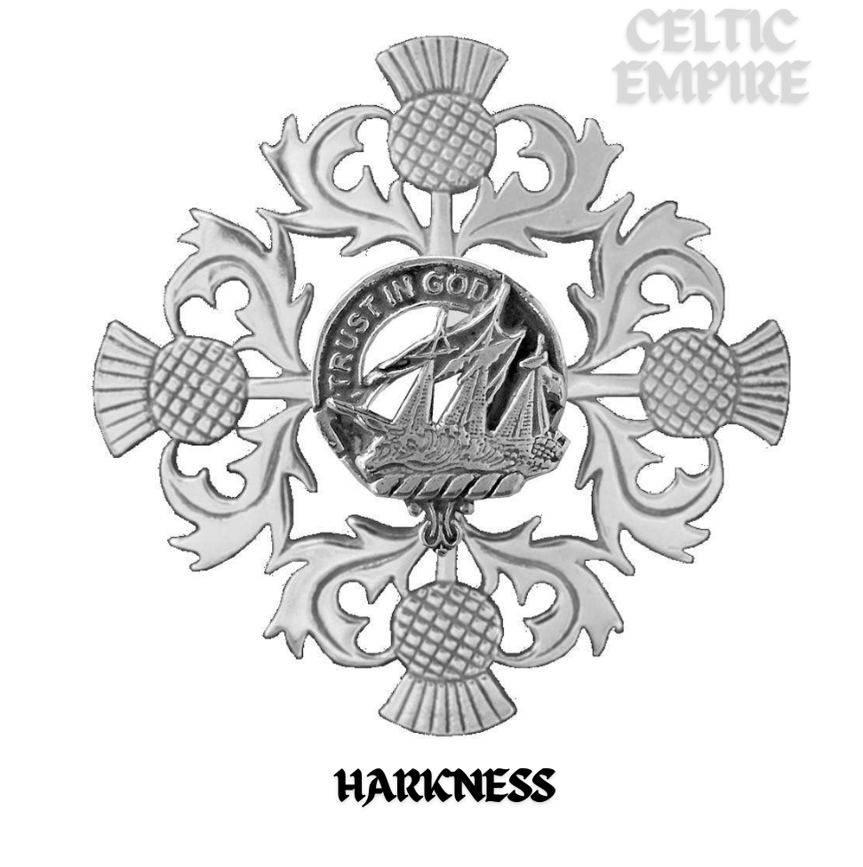 Harkness Family Clan Crest Scottish Four Thistle Brooch