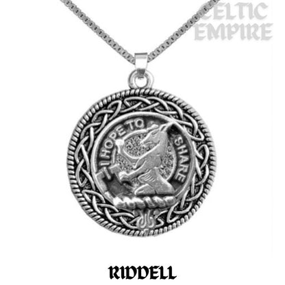 Riddell Family Clan Crest Celtic Interlace Disk Pendant, Scottish Family Crest