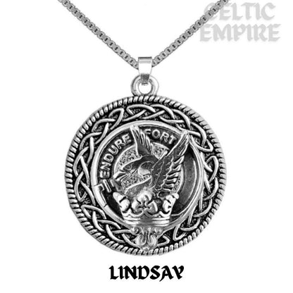 Lindsay Family Clan Crest Celtic Interlace Disk Pendant, Scottish Family Crest