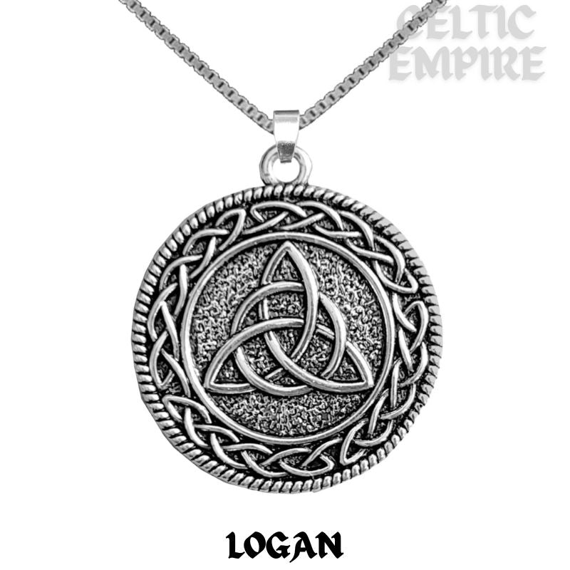 Logan Family Clan Crest Celtic Interlace Disk Pendant, Scottish Family Crest