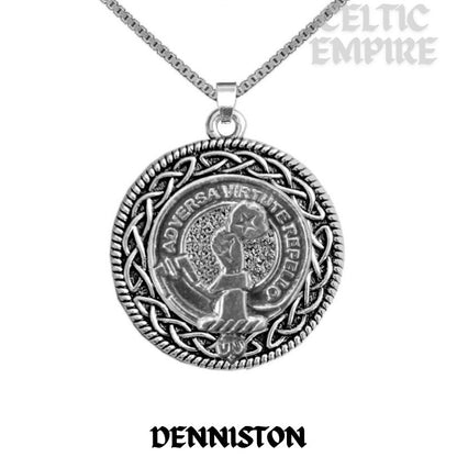 Denniston Family Clan Crest Celtic Interlace Disk Pendant, Scottish Family Crest