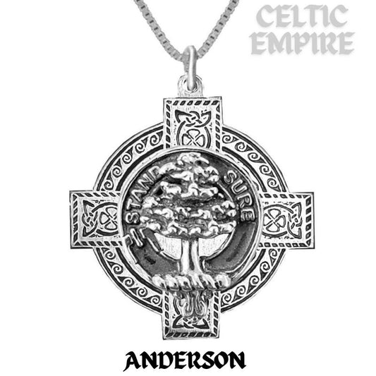 Anderson Family Clan Crest Celtic Cross Pendant Scottish - Sterling Silver
