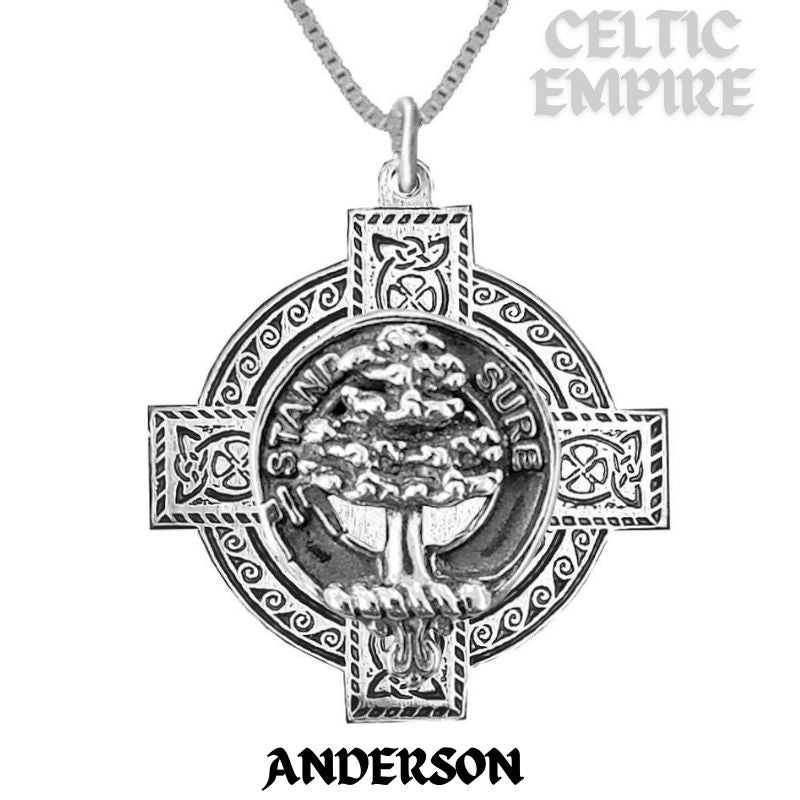 Anderson Family Clan Crest Celtic Cross Pendant Scottish - Sterling Silver