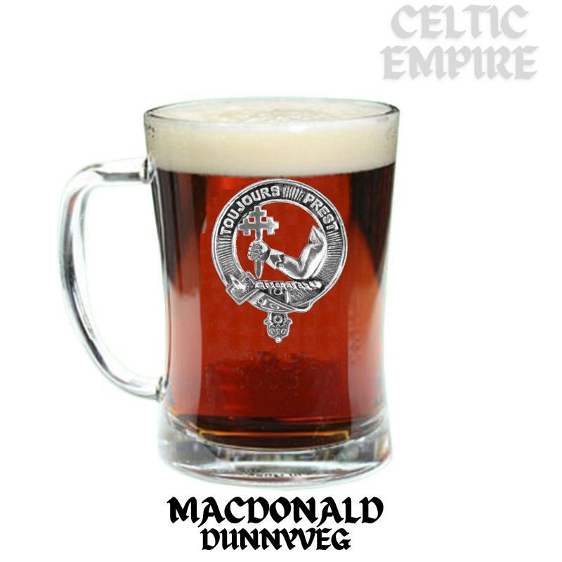 MacDonald Dunneveg Family Clan Crest Badge Glass Beer Mug