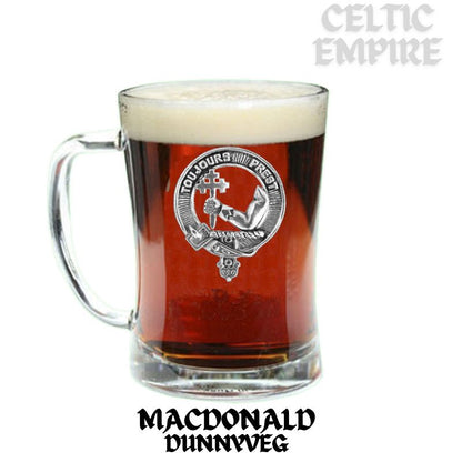 MacDonald Dunneveg Family Clan Crest Badge Glass Beer Mug
