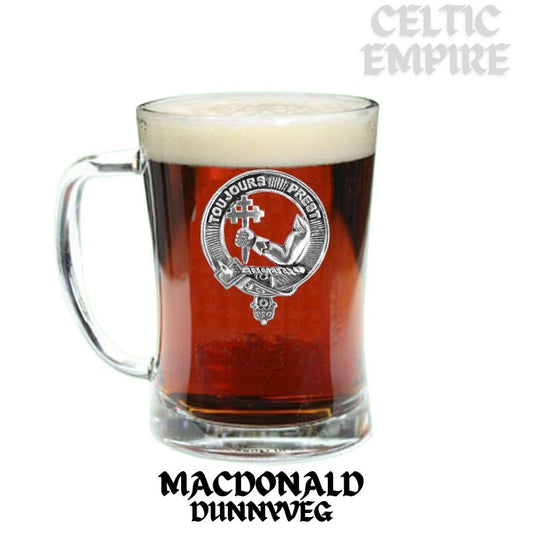 MacDonald Dunneveg Family Clan Crest Badge Glass Beer Mug