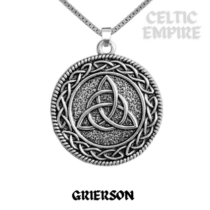 Grierson Family Clan Crest Celtic Interlace Disk Pendant, Scottish Family Crest