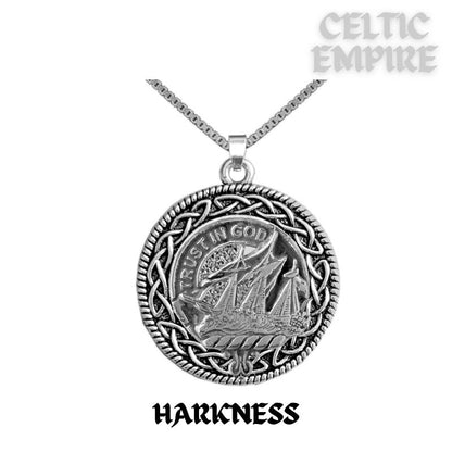 Harkness Family Clan Crest Celtic Interlace Disk Pendant, Scottish Family Crest