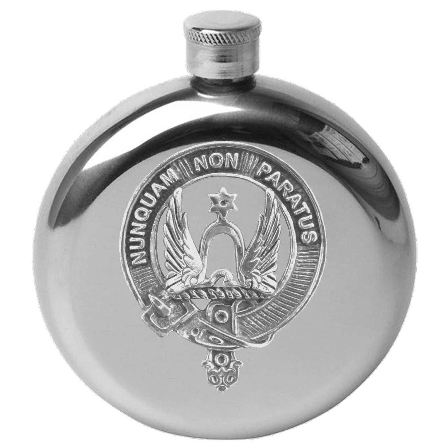 Johnston 5oz Round Scottish Family Clan Crest Badge Stainless Steel Flask