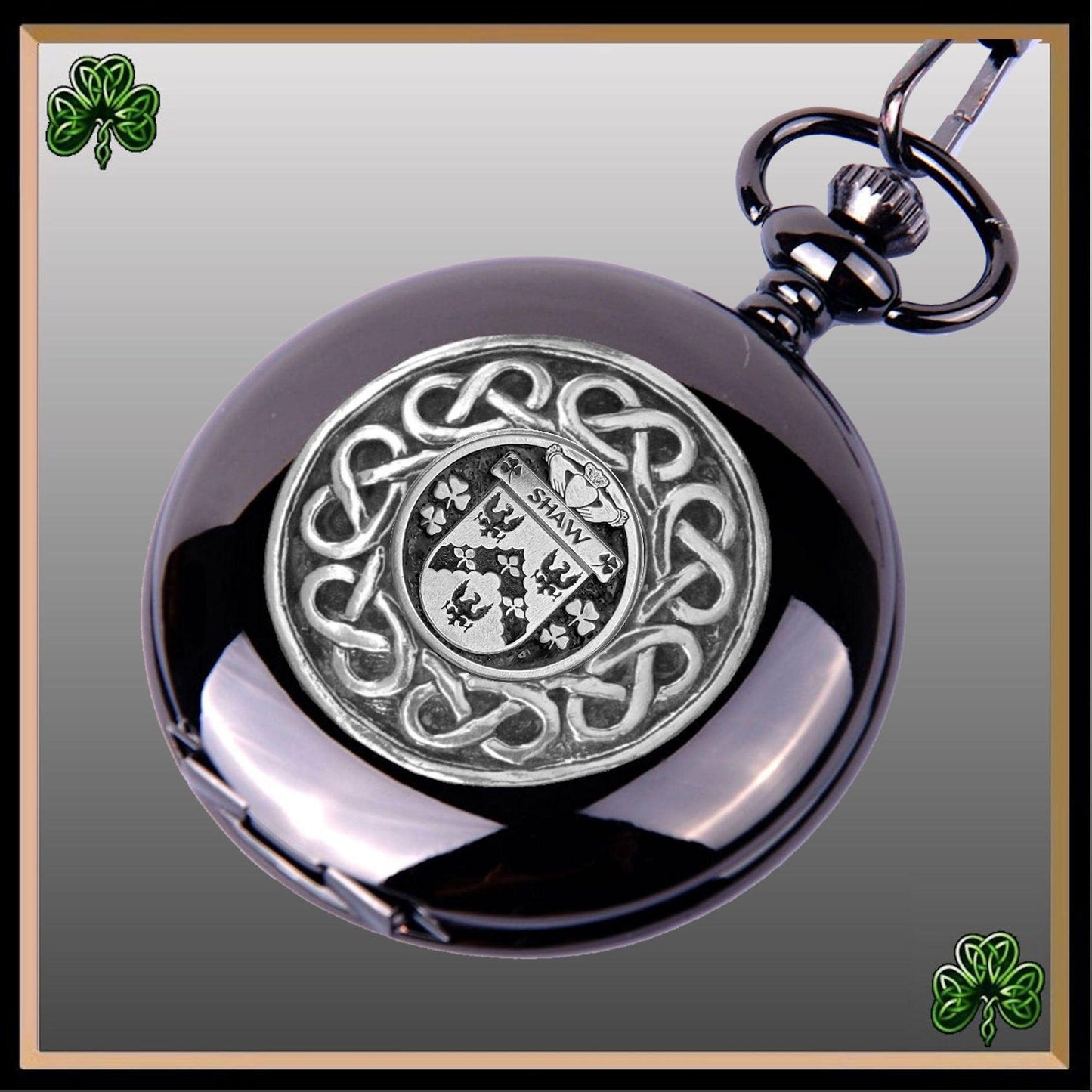 Shaw Irish Coat of Arms Black Pocket Watch