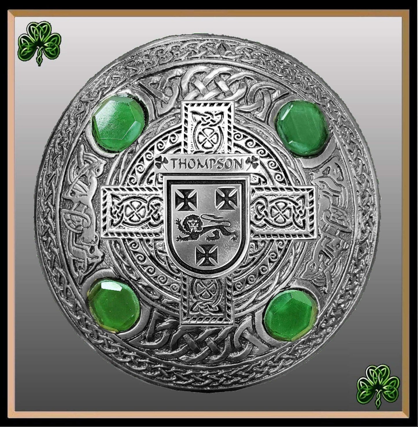 Thompson Irish Coat of Arms Celtic Cross Plaid Brooch with Green Stones