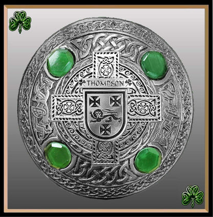 Thompson Irish Coat of Arms Celtic Cross Plaid Brooch with Green Stones