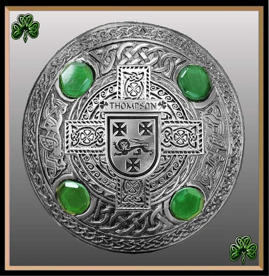 Thompson Irish Coat of Arms Celtic Cross Plaid Brooch with Green Stones