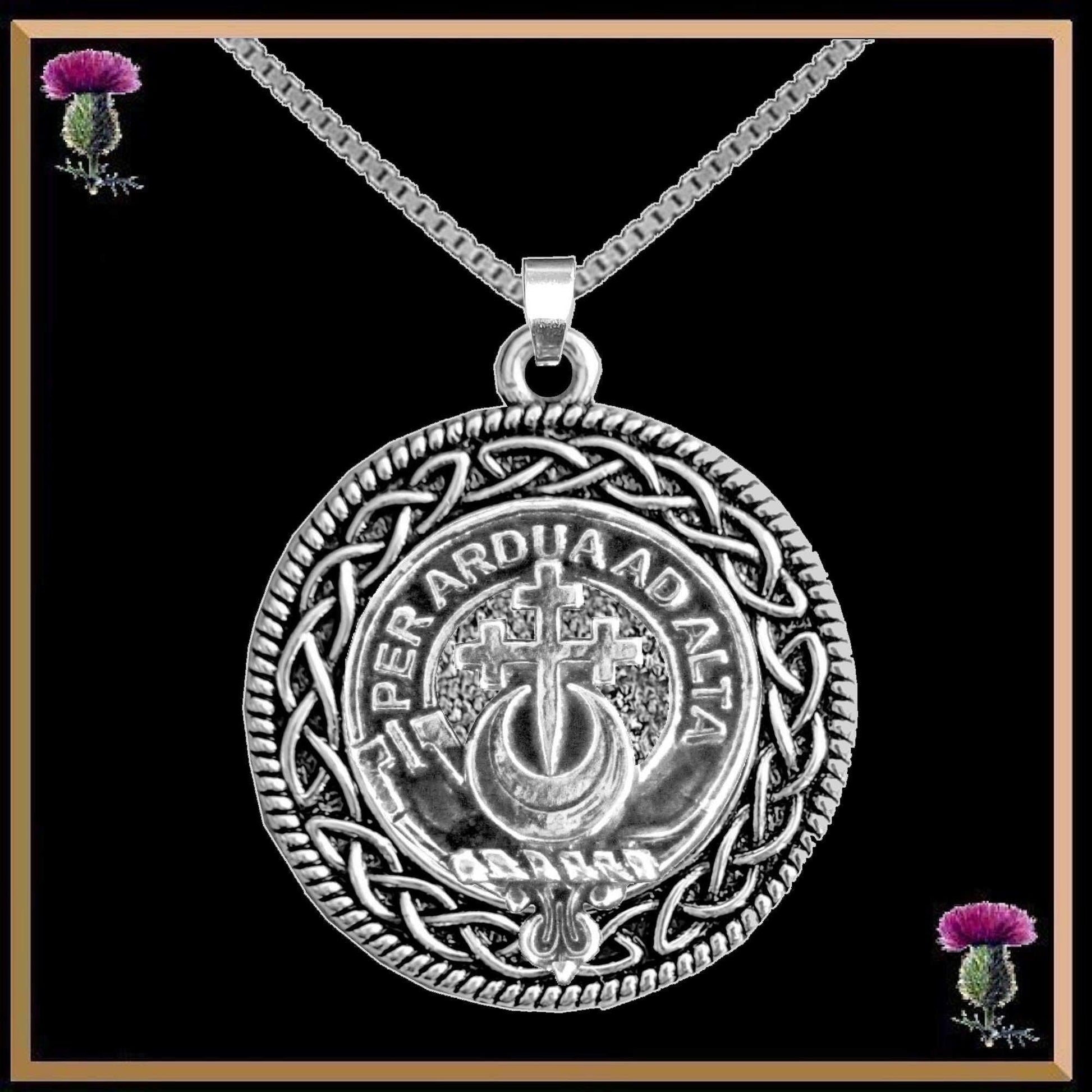 Hannay Clan Crest Celtic Interlace Disk Pendant, Scottish Family Crest 