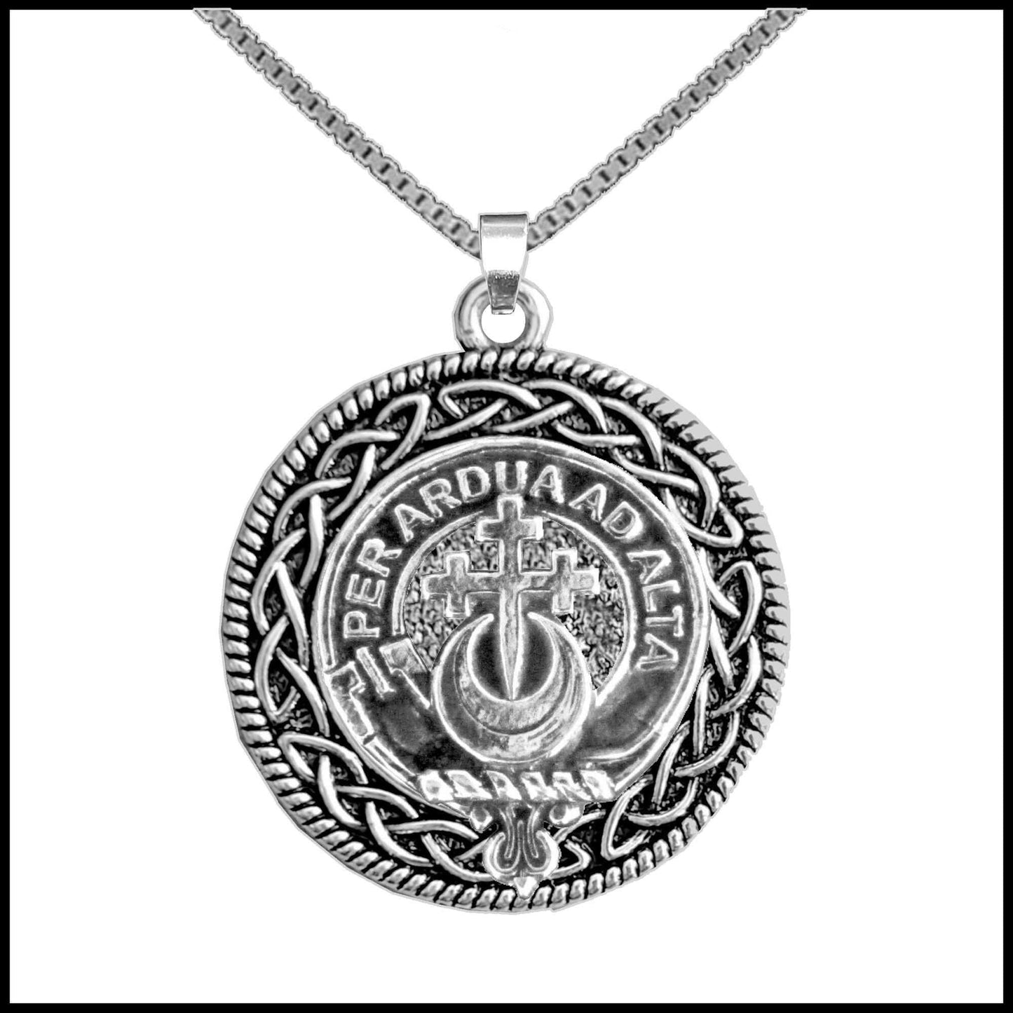 Hannay Clan Crest Celtic Interlace Disk Pendant, Scottish Family Crest 