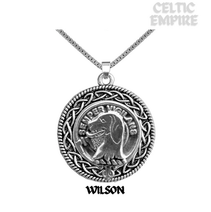 Wilson Family Clan Crest Celtic Interlace Disk Pendant, Scottish Family Crest